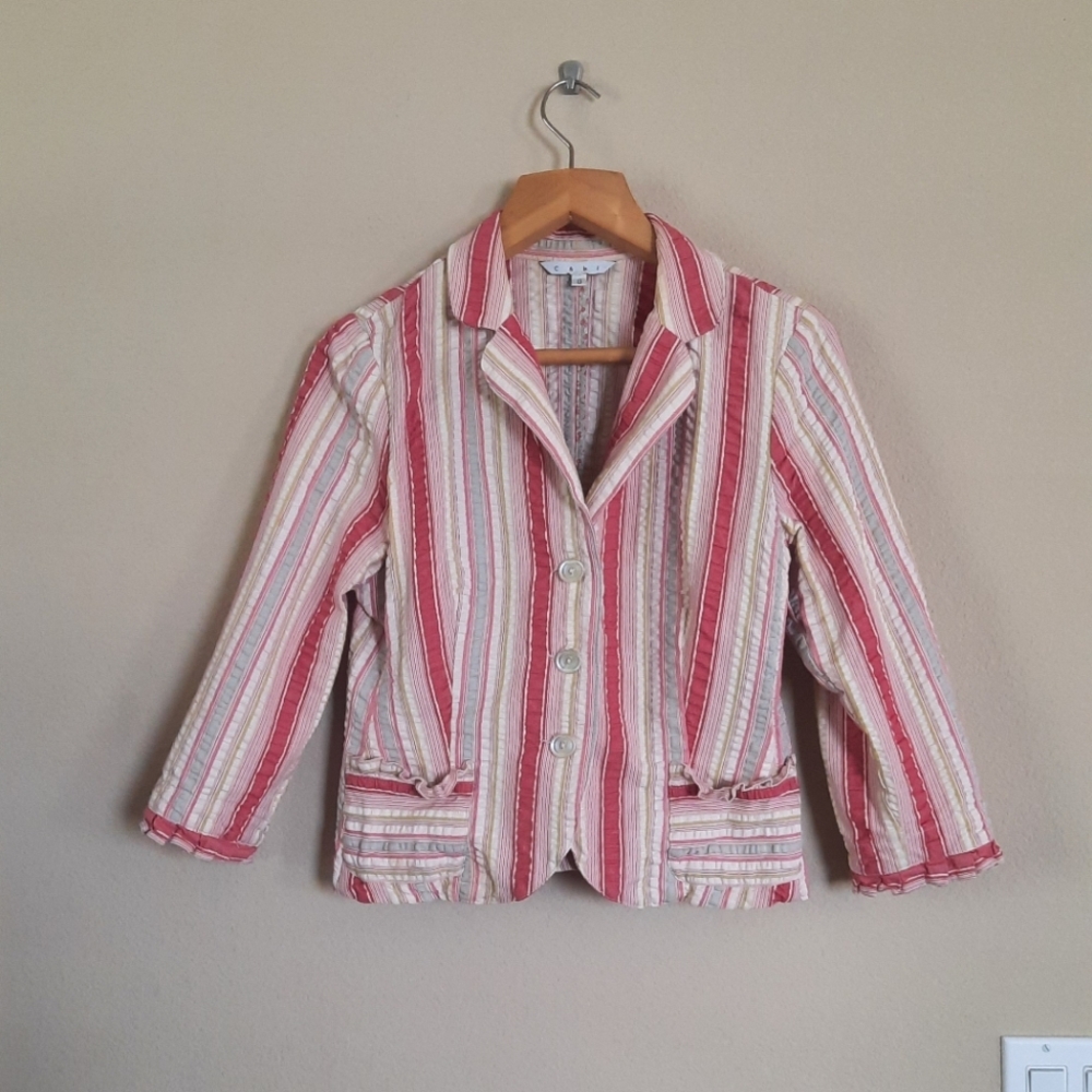 Vtg Cotton Cabi Blazer Y2k Ruffle Stripes Quilted